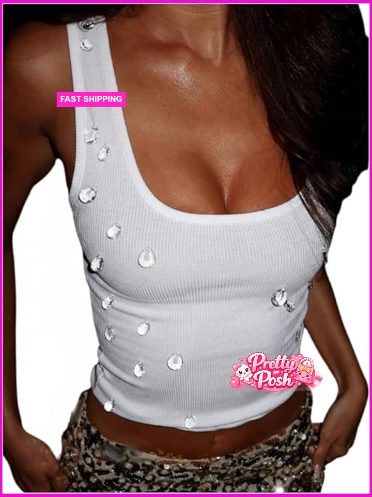 Rhinestone Square Neck Tank Top Sleeveless Ribbed Y2k Going Out Top